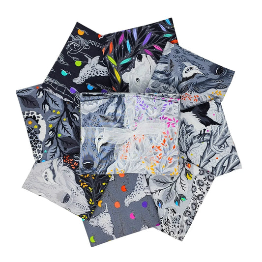 Collection of fabric swatches with animal and nature patterns on a white background