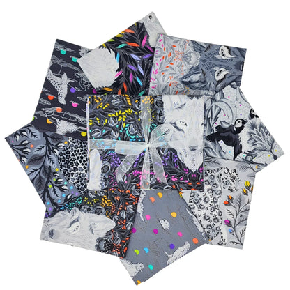 Collection of fabric swatches with animals and floral patterns on a white background