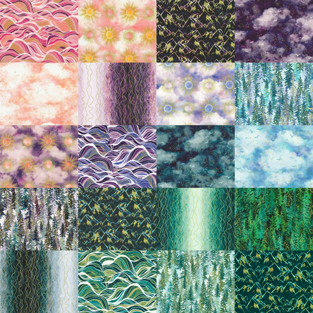 Collage of nature and celestial themed fabrics from the Hill Shine collection by Rose Halsey