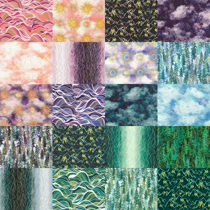 Collage of nature and celestial themed fabrics from the Hill Shine collection by Rose Halsey