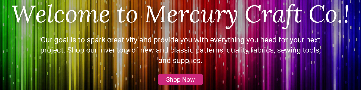A promotional banner with the text 'Welcome to Mercury Craft Co!' in large white letters over a rainbow-striped background with vertical light streaks. Smaller white text appears below, and a pink 'Shop Now' button is centered near the bottom.