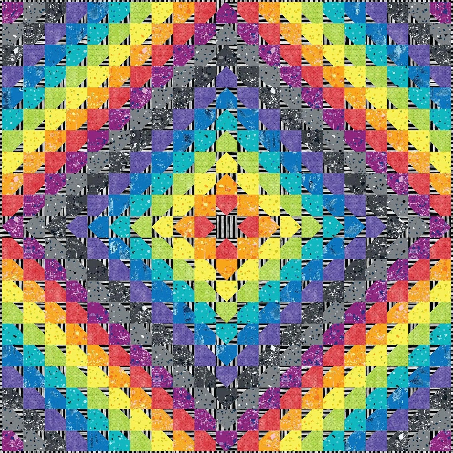 The Hot Air Quilt featuring a vibrant, symmetrical geometric pattern of multicolored squares arranged in concentric diamond shapes with striped grey accents. 