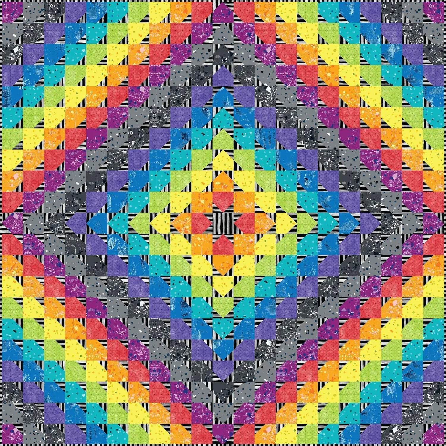 The Hot Air Quilt featuring a vibrant, symmetrical geometric pattern of multicolored squares arranged in concentric diamond shapes with striped grey accents. 