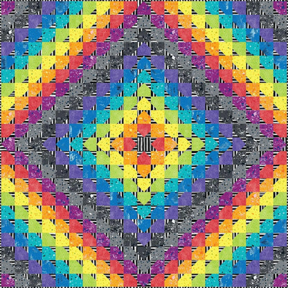 The Hot Air Quilt featuring a vibrant, symmetrical geometric pattern of multicolored squares arranged in concentric diamond shapes with striped grey accents. 