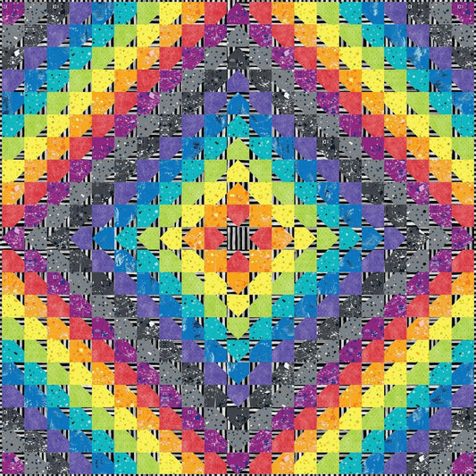 The Hot Air Quilt featuring a vibrant, symmetrical geometric pattern of multicolored squares arranged in concentric diamond shapes with striped grey accents. 