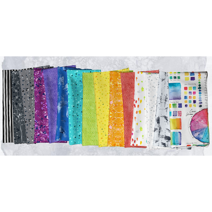 A horizontal arrangement of patterned fabric swatches in a full rainbow spectrum on a white background.