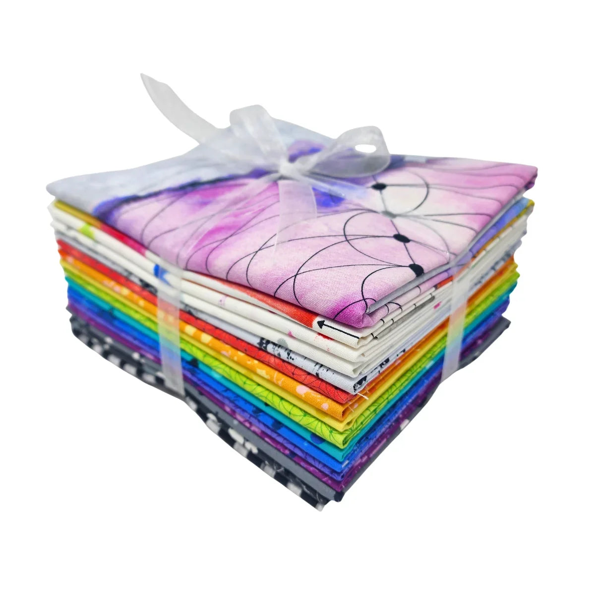 A stack of colorful patterned fabric squares tied together with a white ribbon, shown on a plain white background.