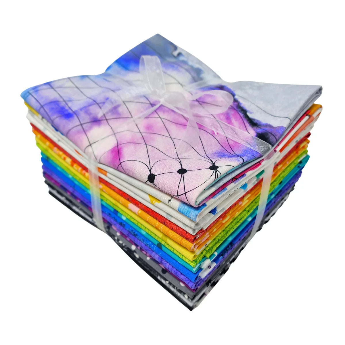 A stack of colorful patterned fabric squares tied together with a white ribbon, shown on a plain white background.