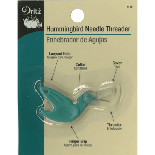 This Hummingbird Needle Threader from Dritz is an indispensable, multi-feature sewing tool that makes threading hand-sewing needles quick and easy. The needle threader has an indented profile for gripping, making it easy to hold. The plastic beak swings upward to expose the wire and then swings downward to protect it for storage. Use the small lanyard hole at the top of the wing to insert a cord or string to keep your threader close at hand.