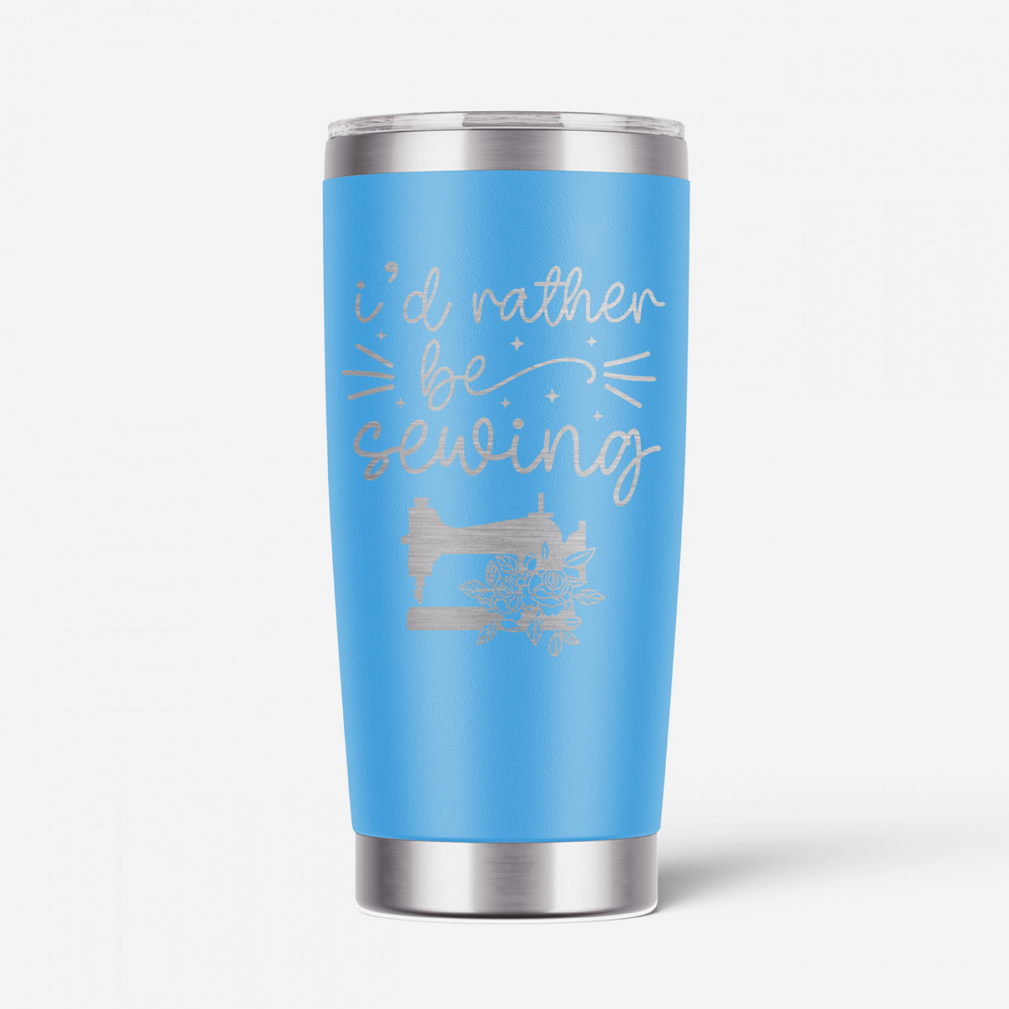 This I'd Rather Be Sewing Tumbler is a cheeky way of letting others know exactly where your happy place is - and it likely isn't where you currently are! This laser-engraved 20-oz blue and silver tumbler has double walls and a vacuum seal to keep your favorite drinks cold or hot for hours on end. 