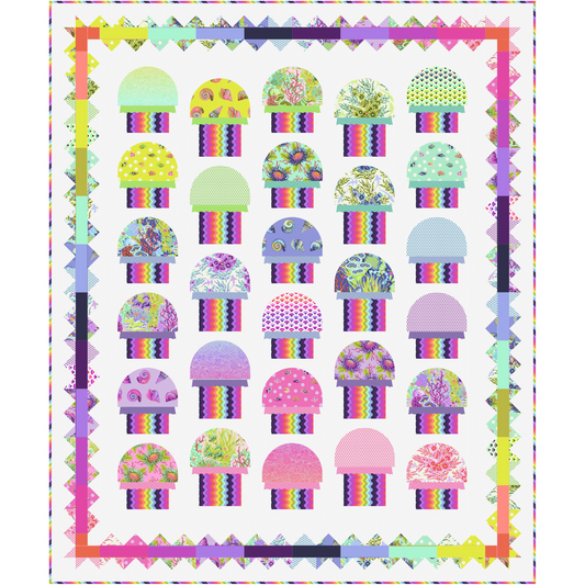 The Jellyfishing quilt made with the Floral Reef collection, featuring rows of jellyfish blocks each with a rounded dome top in a different vibrant print and a rainbow wavey, striped tentacle base. All set against a white background with a multicolored sawtooth border.