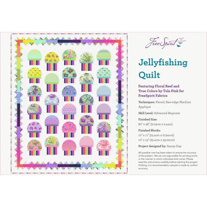Jellyfish-themed quilt pattern with colorful jellyfish designs on a white background