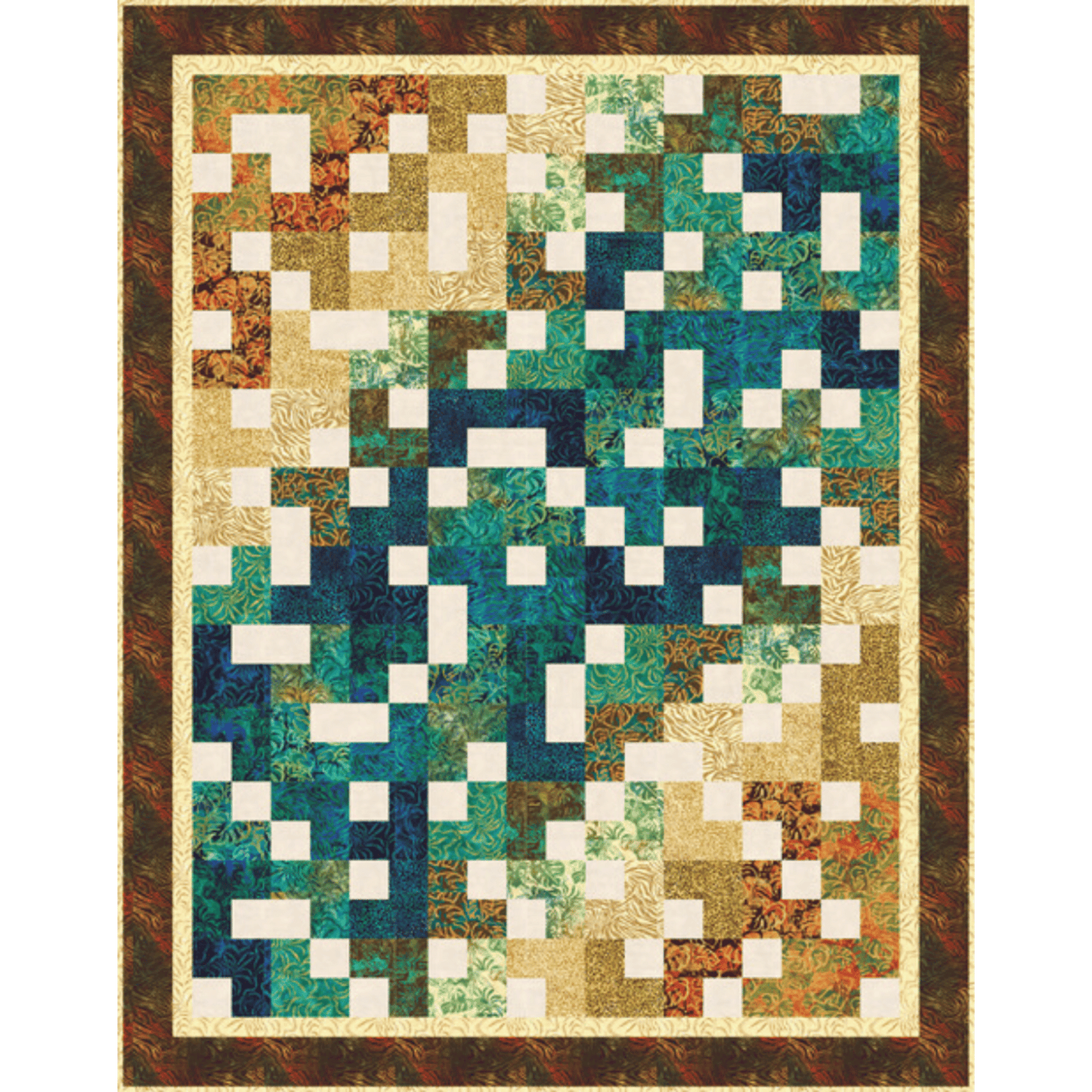 The Jungle Dreams Ambling Quilt makes a quilt that celebrates nature's wild, lush beauty. Combining dark navy blues, rich browns, warm coppers, and neutral tans with ivory sashing, this fat quarter-friendly pattern is perfect for beginner quilters and up.