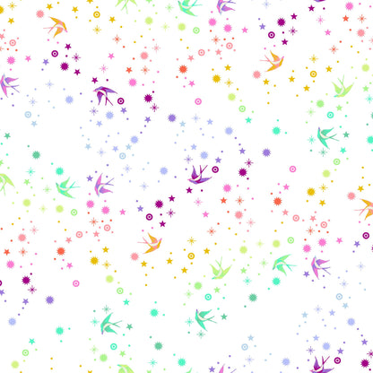 True Colors Fairy Dust in White Minky features colorful birds swooping among fanciful rainbow stars on a pure white background. Similar to Tula Pink's 44" wide True Colors Fairy Dust in White, this extra soft and snuggly minky fabric showcases a larger-scale design.