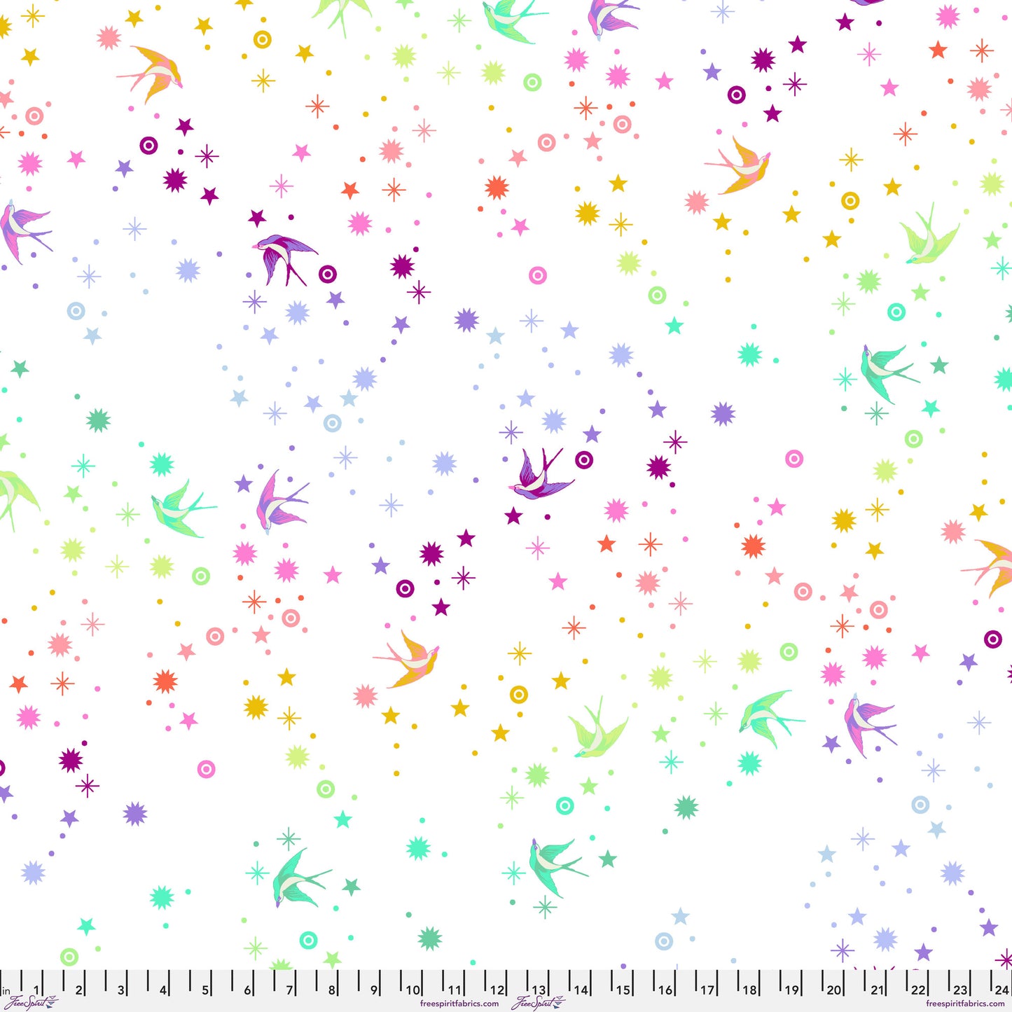 True Colors Fairy Dust in White Minky features colorful birds swooping among fanciful rainbow stars on a pure white background. Similar to Tula Pink's 44" wide True Colors Fairy Dust in White, this extra soft and snuggly minky fabric showcases a larger-scale design.