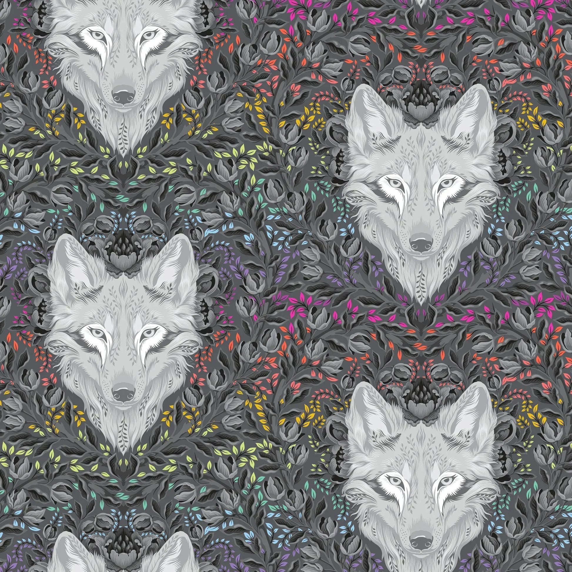 Pattern of wolf faces surrounded by colorful foliage on a dark background
