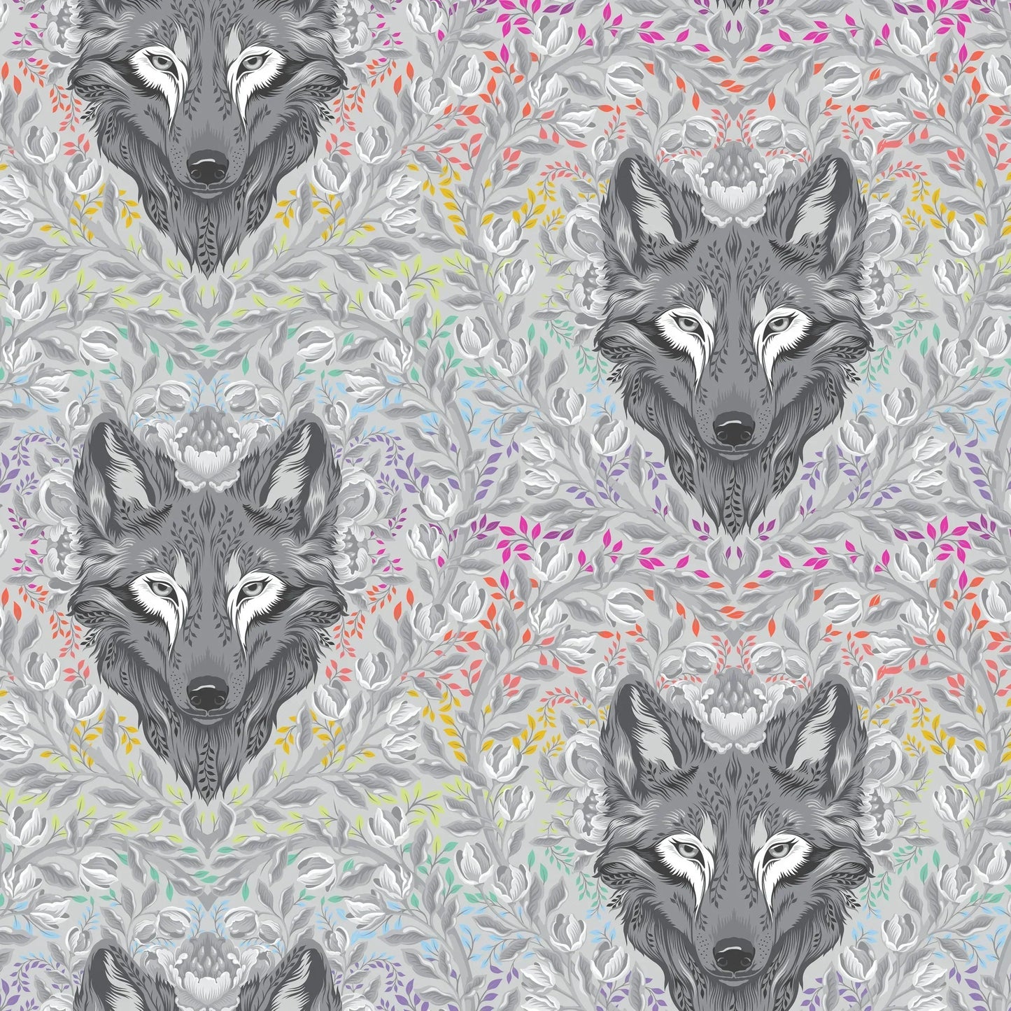 Pattern of wolf heads with colorful foliage on a grey background