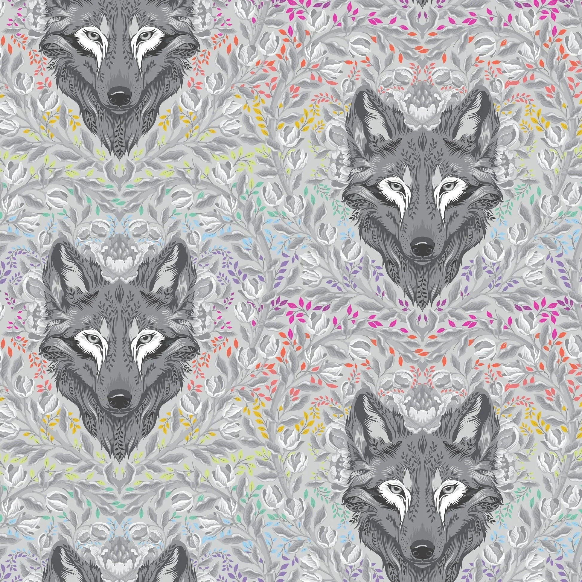 Pattern of wolf heads with colorful foliage on a grey background