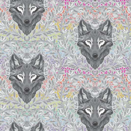 Pattern of wolf heads with colorful foliage on a grey background