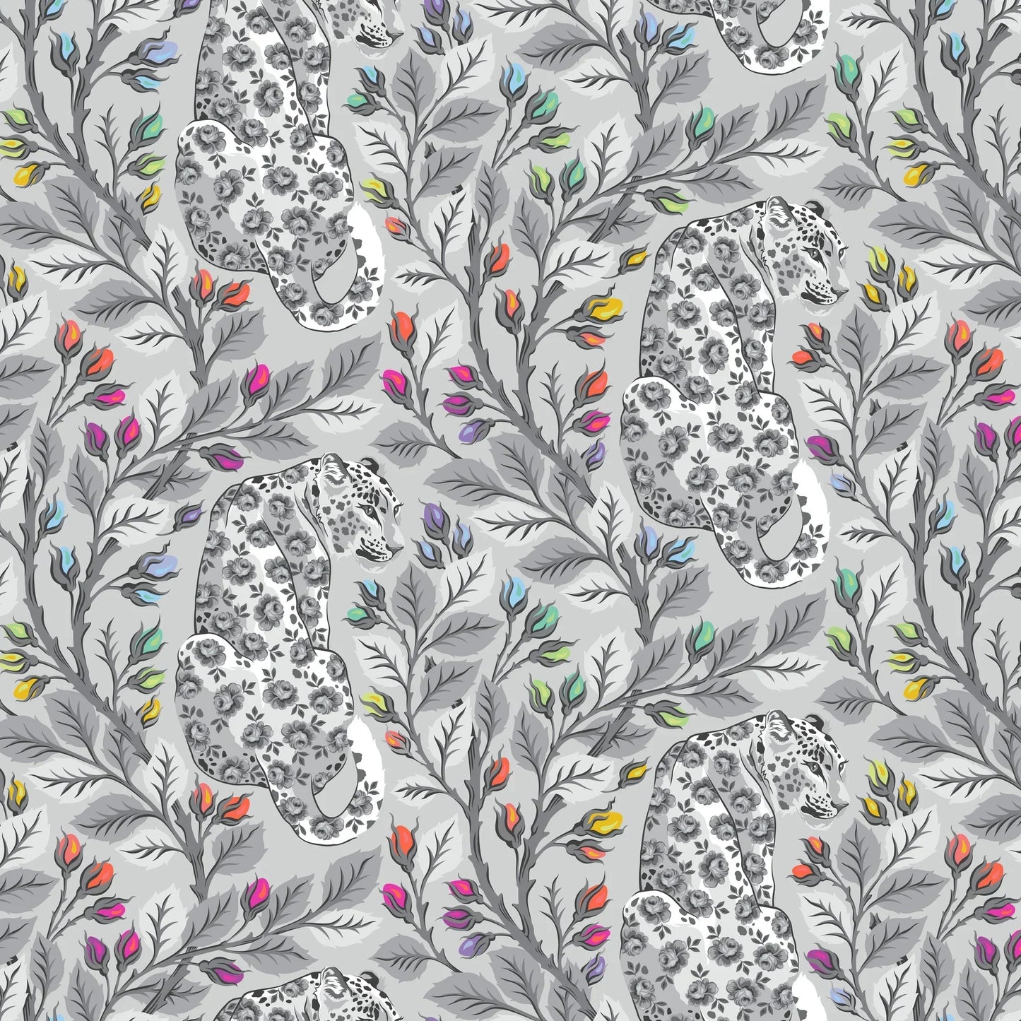 Pattern of leopards and colorful leaves on a gray background