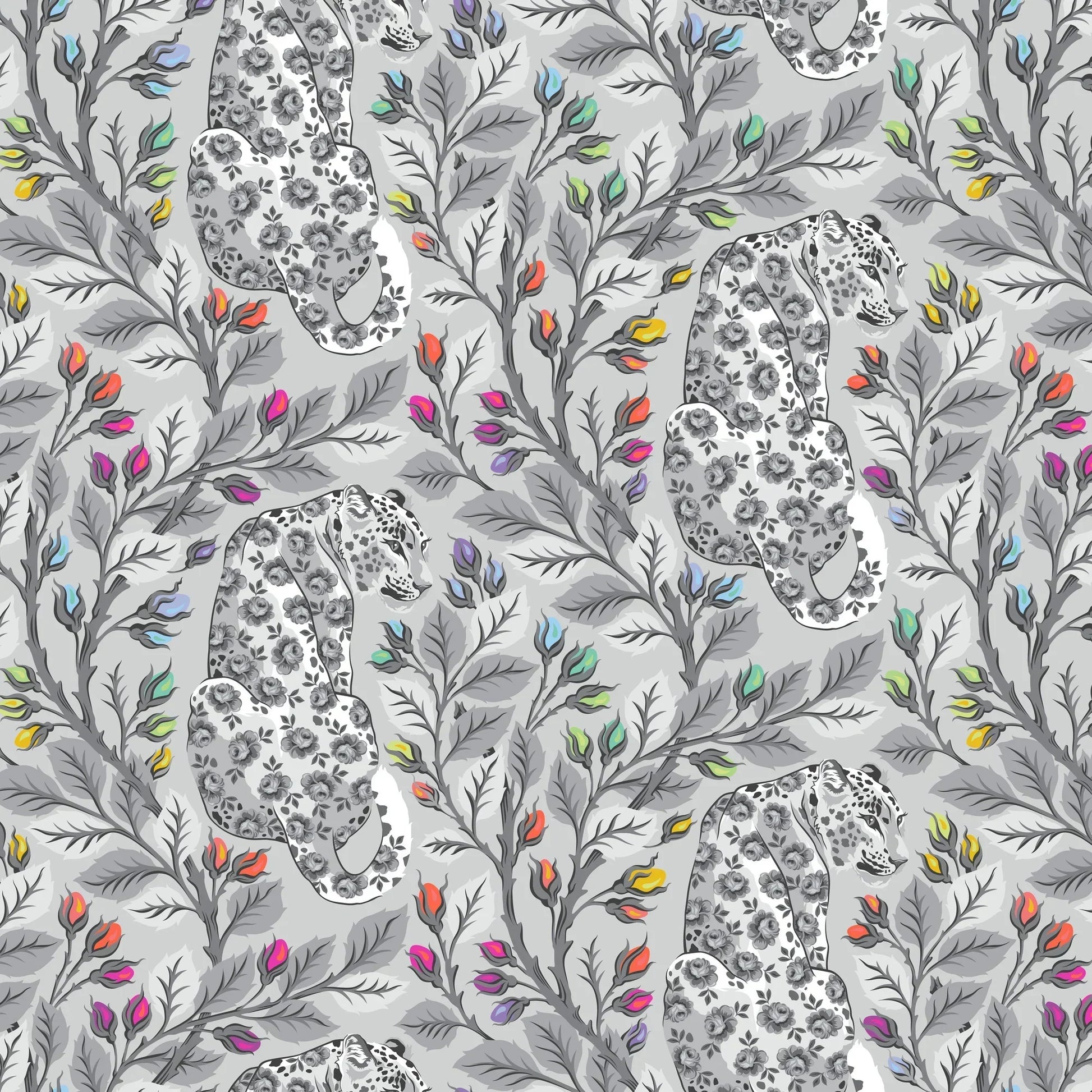 Pattern of leopards and colorful leaves on a gray background