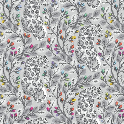 Pattern of leopards and colorful leaves on a gray background