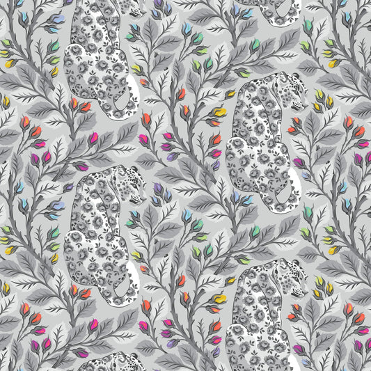 Pattern of leopards and colorful leaves on a gray background