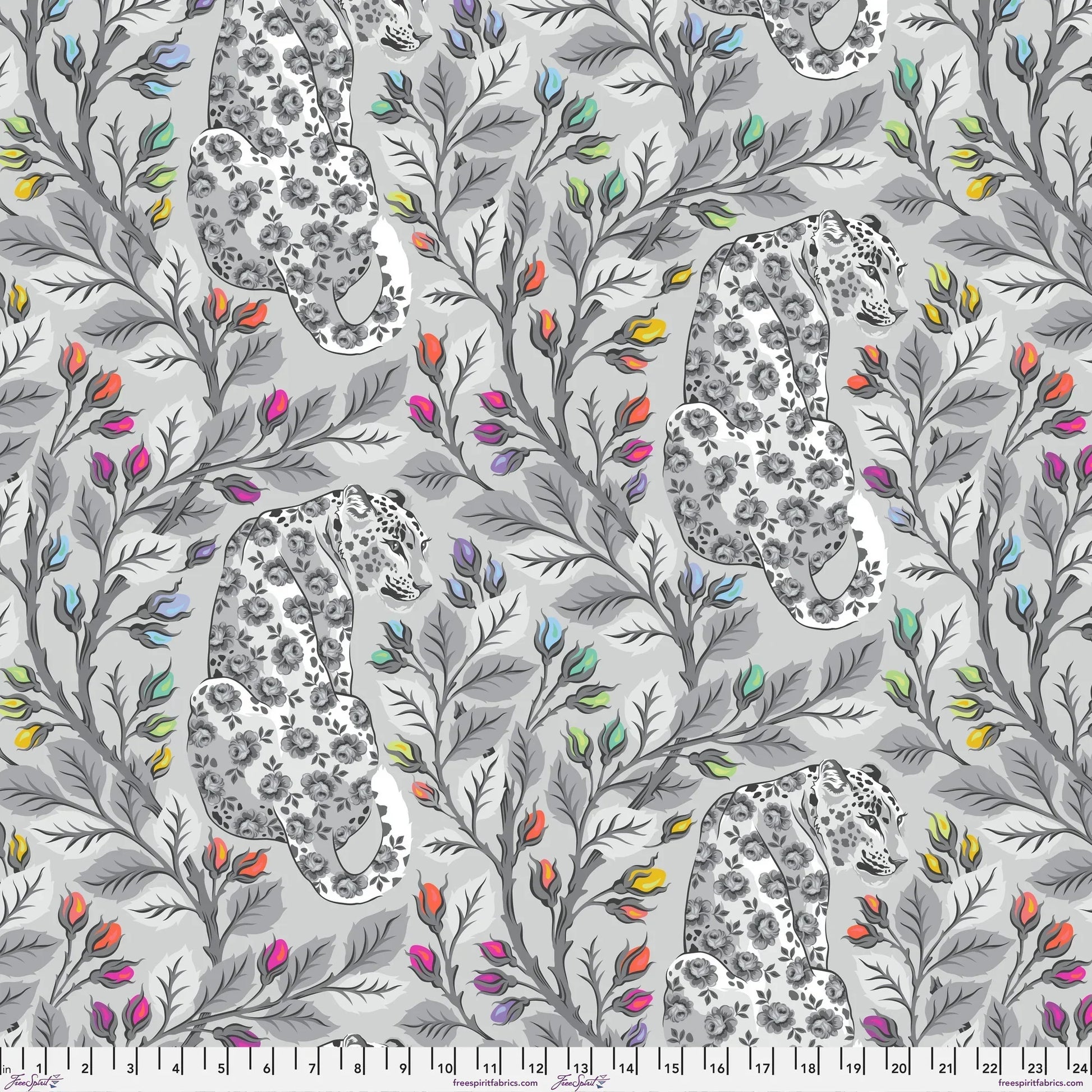 Pattern of leopards and colorful leaves on a gray background with a ruler for scale