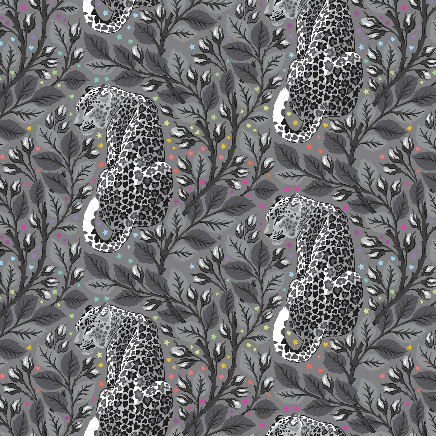 Pattern of leopards and leaves on a gray background dotted with rainbow accents