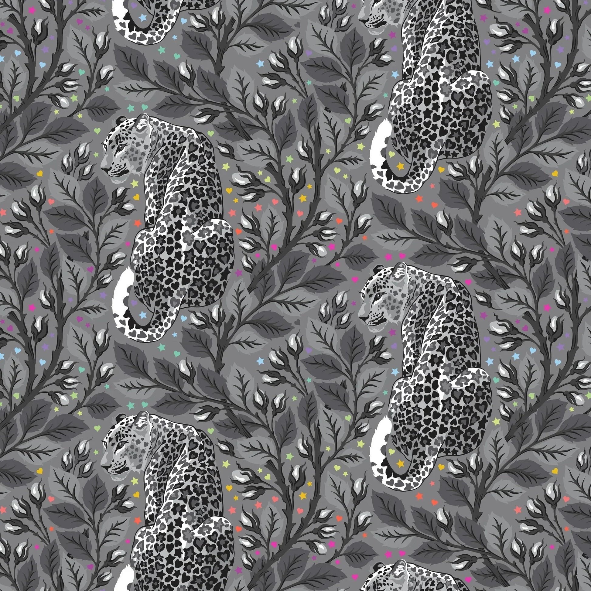 Pattern of leopards and leaves on a gray background dotted with rainbow accents