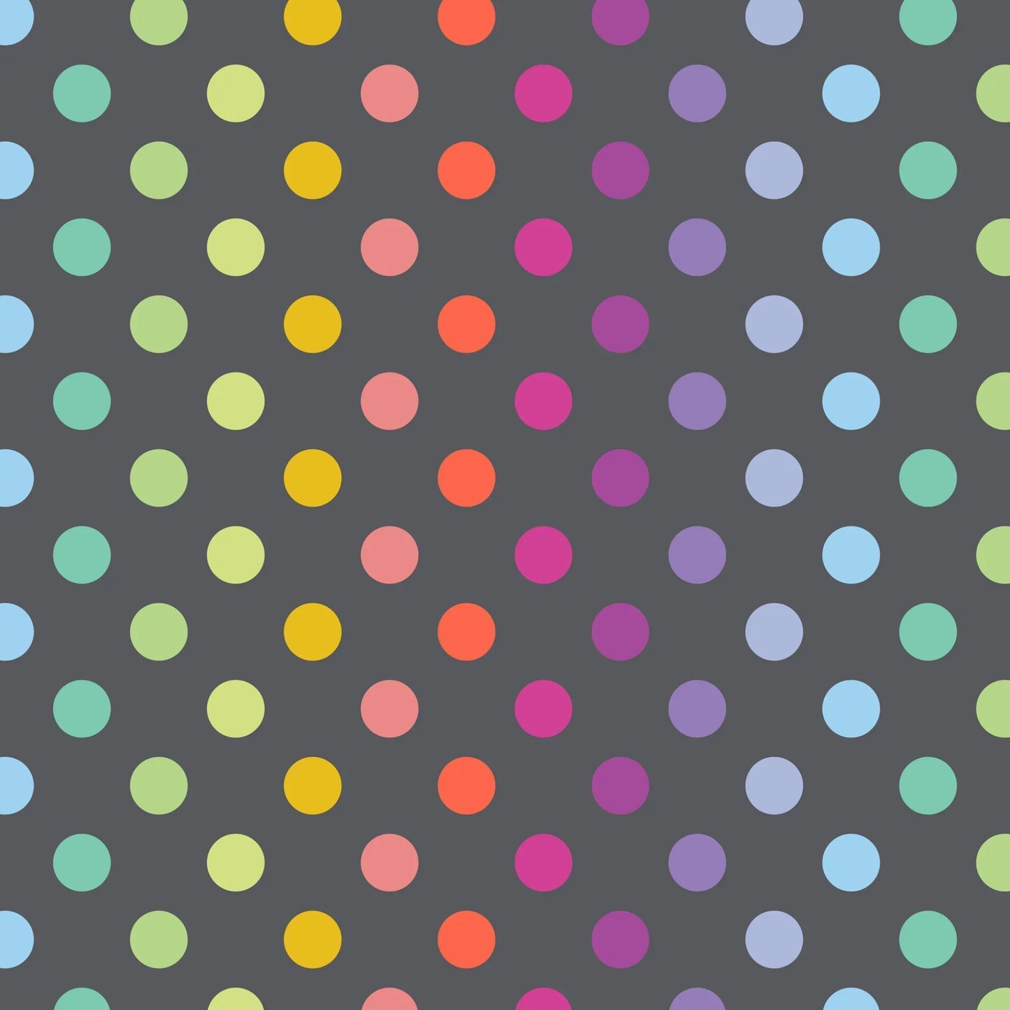 Pattern of colorful polka dots on a dark grey background