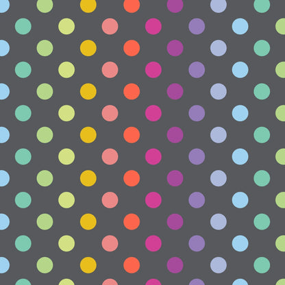 Pattern of colorful polka dots on a dark grey background