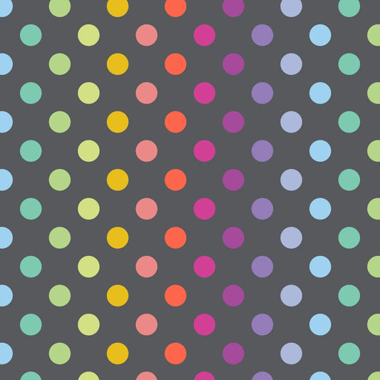 Pattern of colorful polka dots on a dark grey background