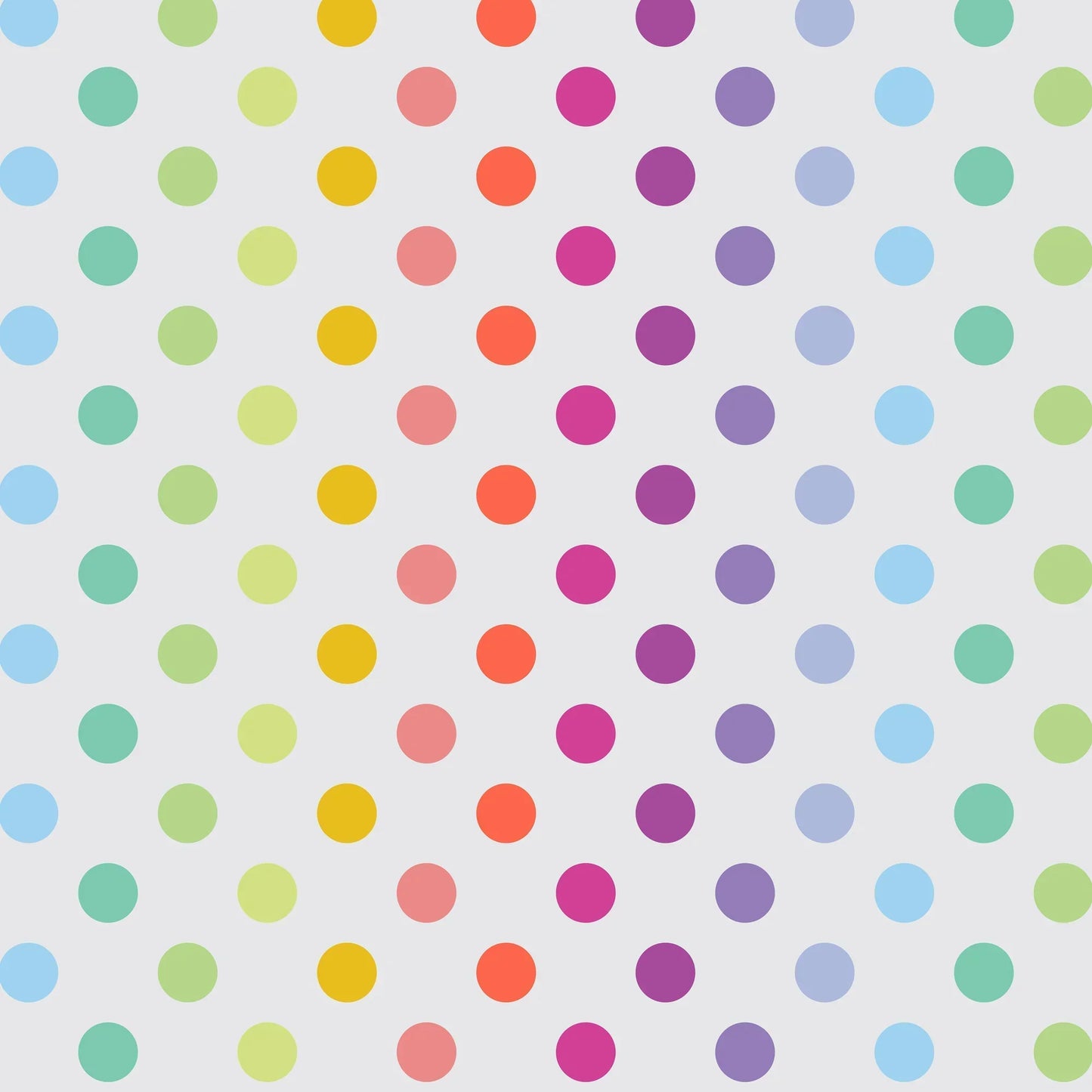 Pattern of colorful polka dots on a light grey background