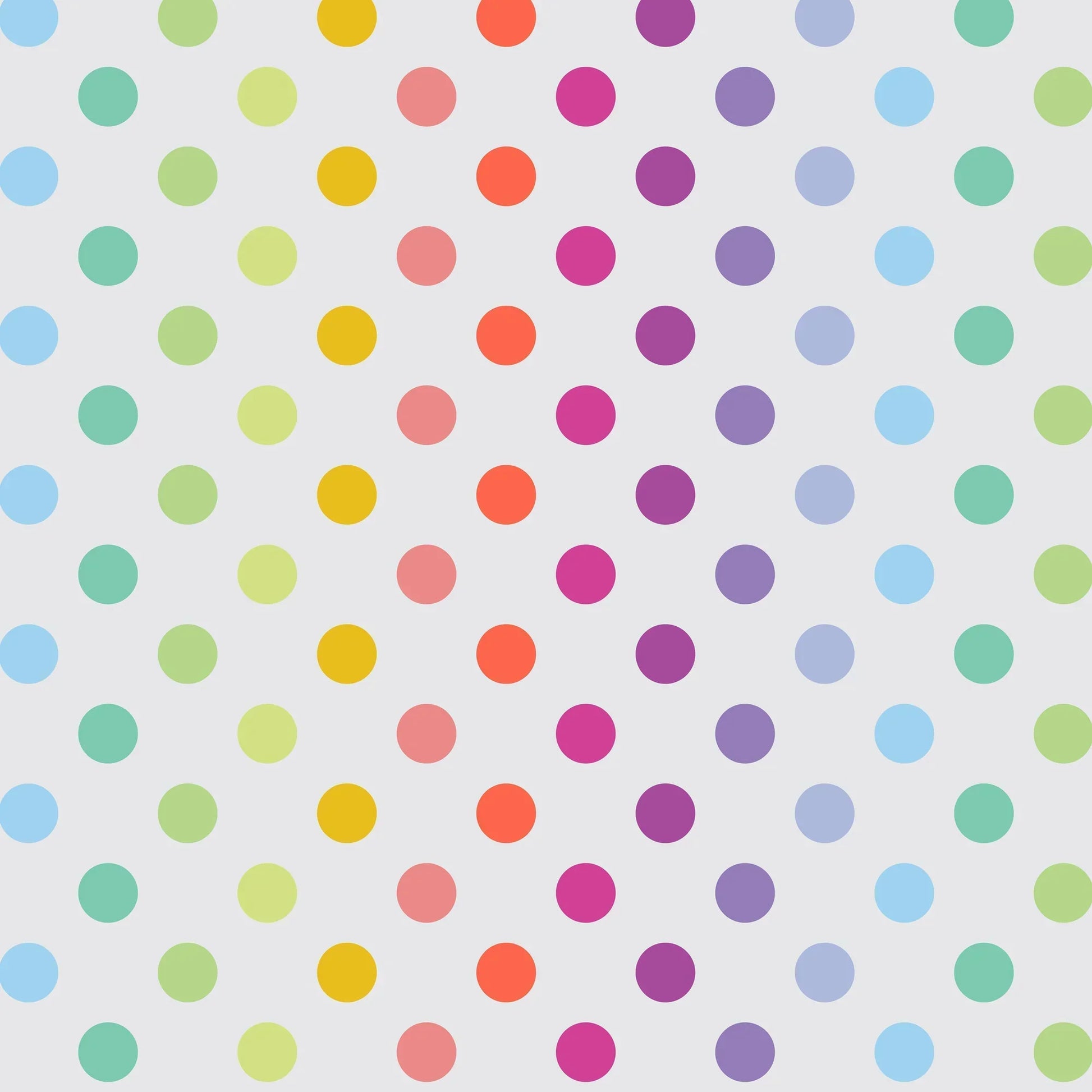 Pattern of colorful polka dots on a light grey background