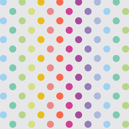 Pattern of colorful polka dots on a light grey background