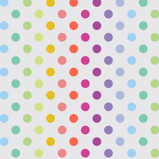 Pattern of colorful polka dots on a light grey background
