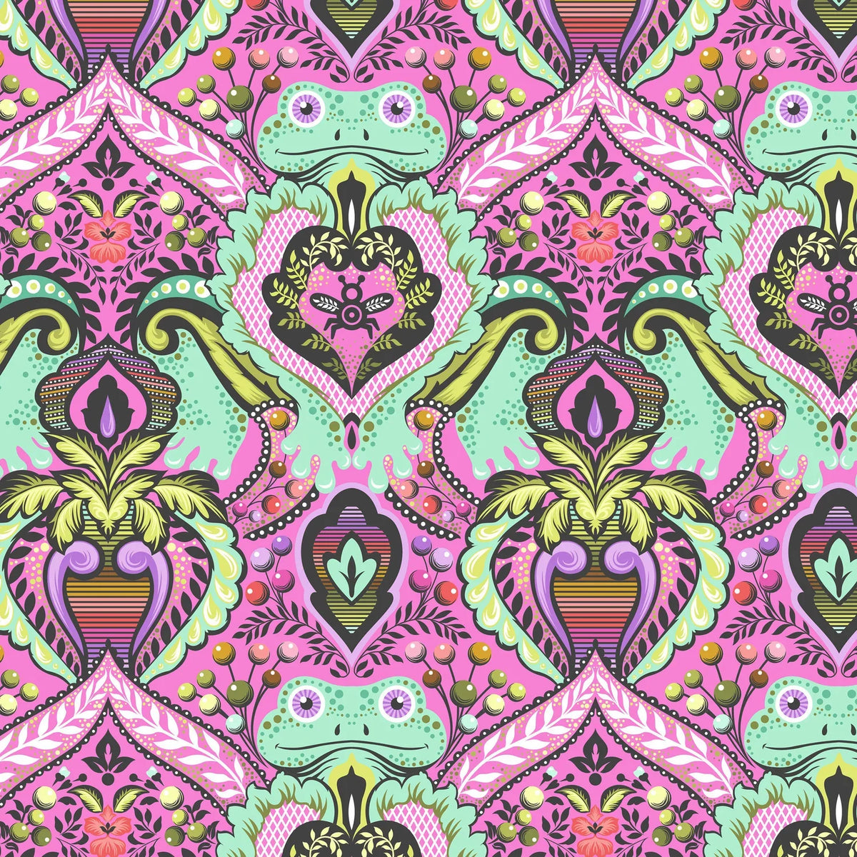 A vibrant hot pink fabric pattern featuring mint green frogs nestled into an ornate pink, purple, and olive green damask floral design.