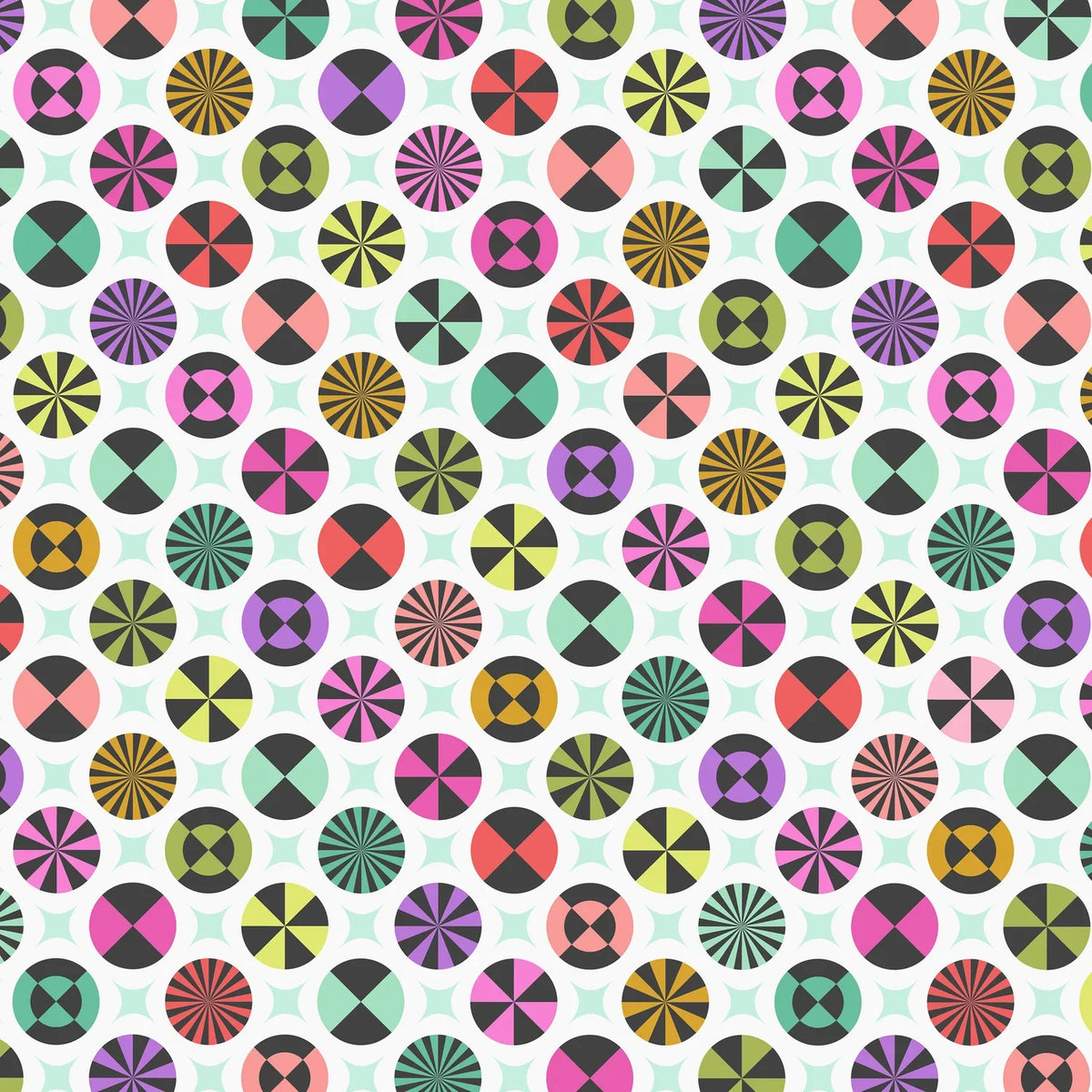 A repeating geometric pattern featuring colorful circles with radiating lines, pinwheels, and concentric circular motifs on a white background with faint pale green star shapes.
