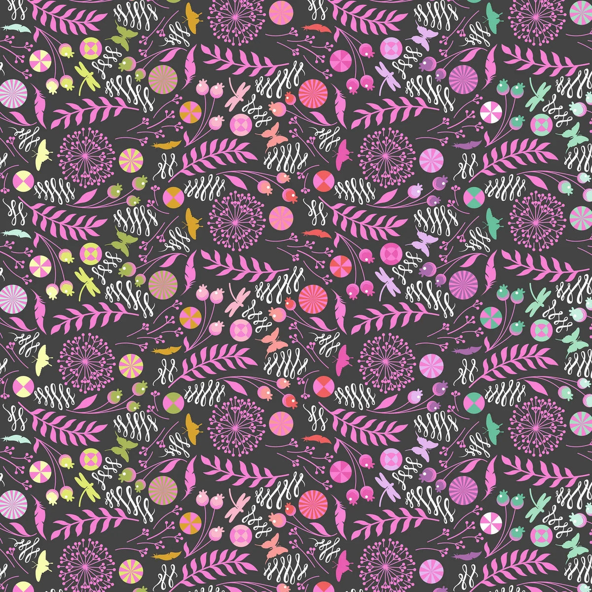 A seamless botanical fabric pattern featuring stylized flowers, leaves, butterflies, feathers, and pinwheels in pink, purple, orange, yellow, and white on a dark charcoal black background.