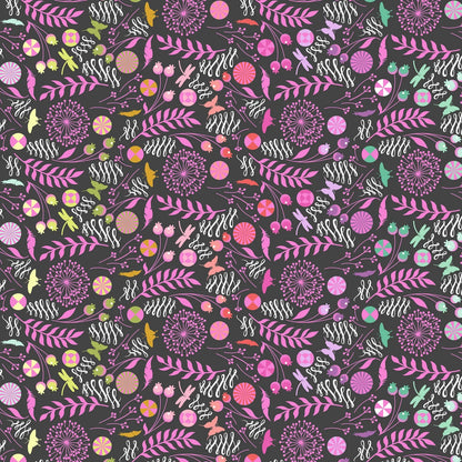 A seamless botanical fabric pattern featuring stylized flowers, leaves, butterflies, feathers, and pinwheels in pink, purple, orange, yellow, and white on a dark charcoal black background.