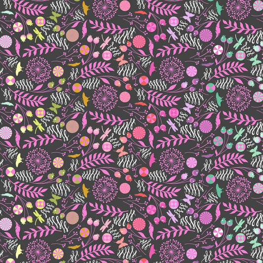 A seamless botanical fabric pattern featuring stylized flowers, leaves, butterflies, feathers, and pinwheels in pink, purple, orange, yellow, and white on a dark charcoal black background.