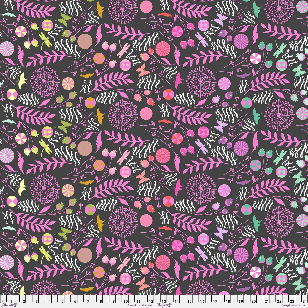 A seamless botanical pattern featuring stylized flowers, leaves, butterflies, feathers, and pinwheels in pink, purple, orange, yellow, and white on a dark charcoal black background. Ruler at the bottom for scale.