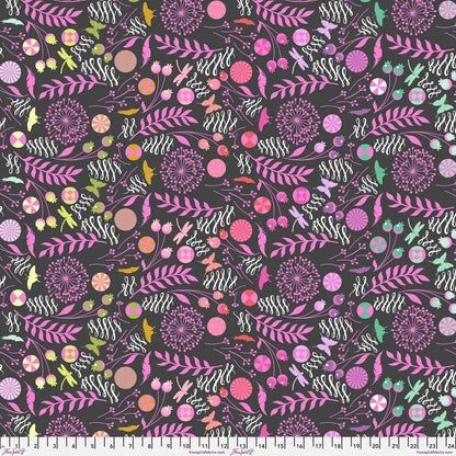 A seamless botanical pattern featuring stylized flowers, leaves, butterflies, feathers, and pinwheels in pink, purple, orange, yellow, and white on a dark charcoal black background. Ruler at the bottom for scale.