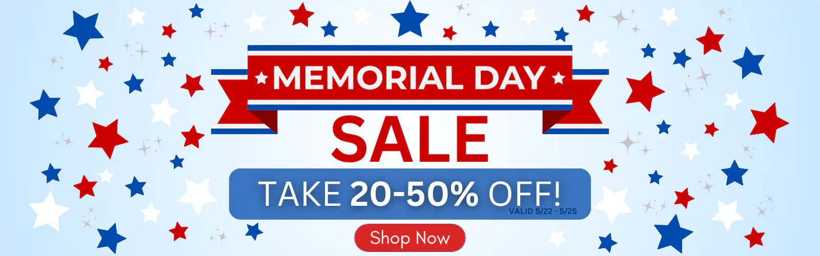 Memorial Day sale banner with stars and a red banner on a blue background