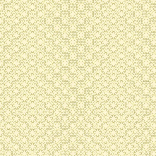 Fabric with filigree lines arranged in a geometric grid pattern on a creamy beige background.