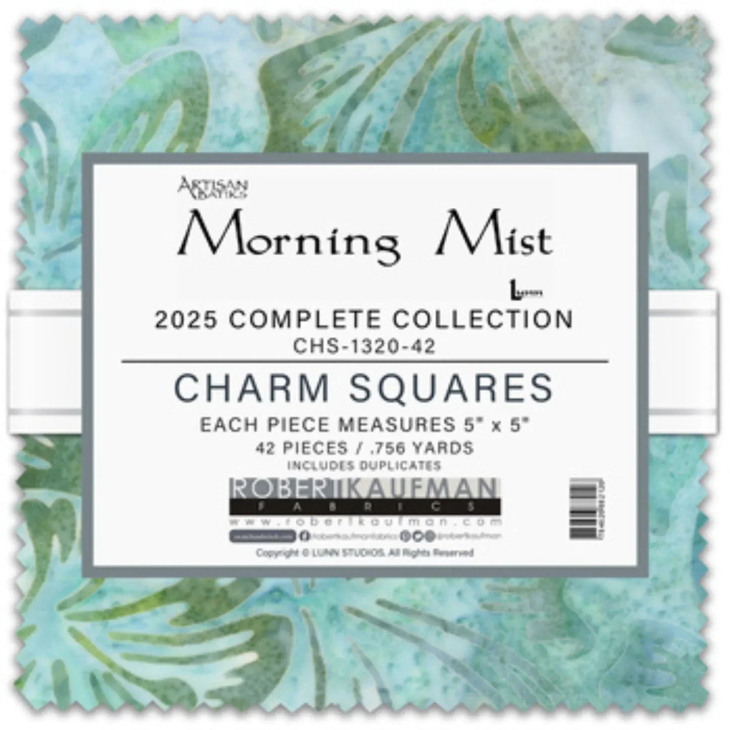 Pack of Robert Kaufman Morning Mist charm squares with a label on a white background