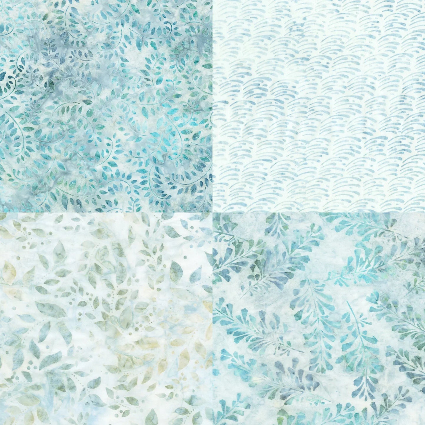 Patterned fabric swatches with blue and green tones