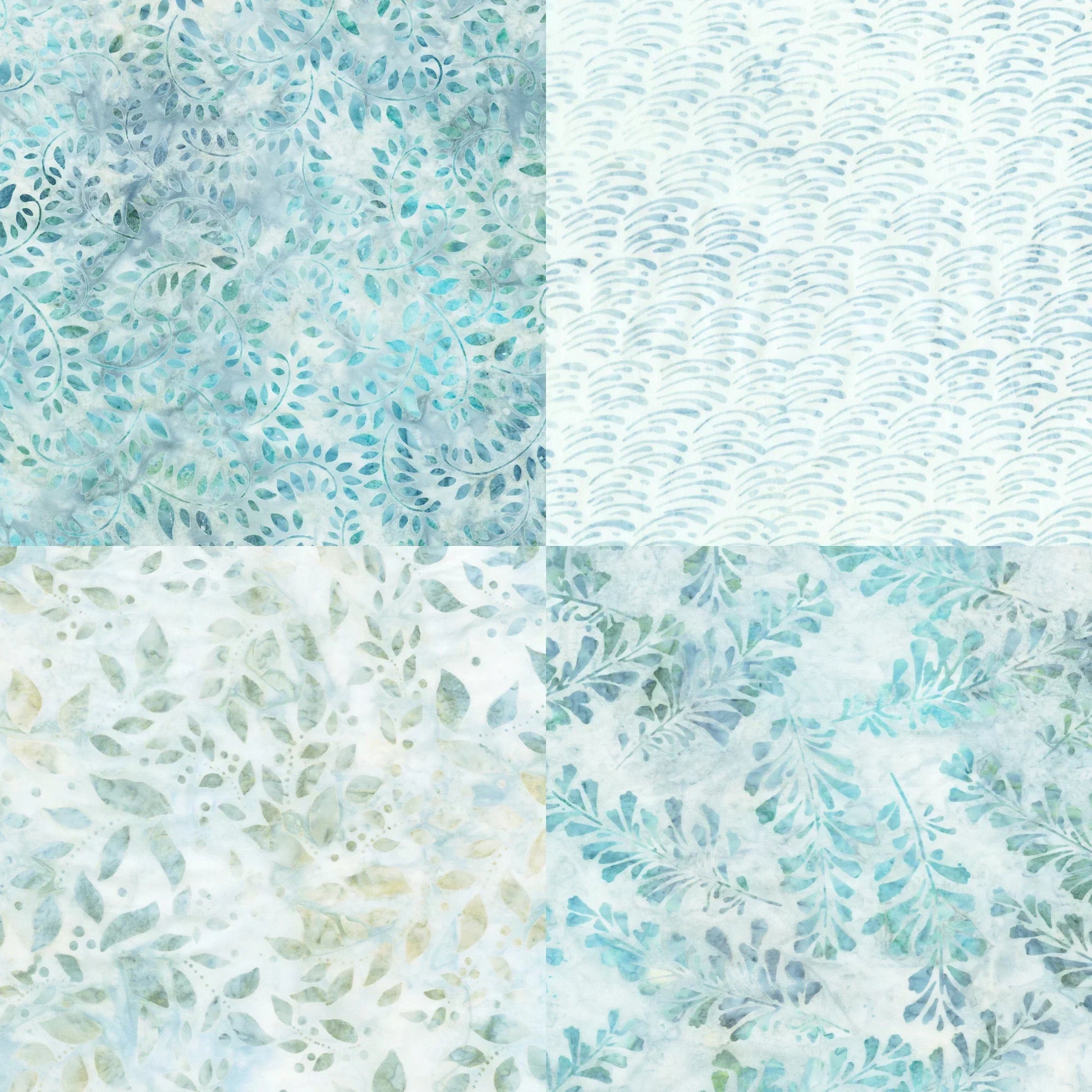 Patterned fabric swatches with blue and green tones