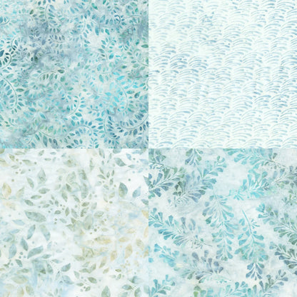 Patterned fabric swatches with blue and green tones